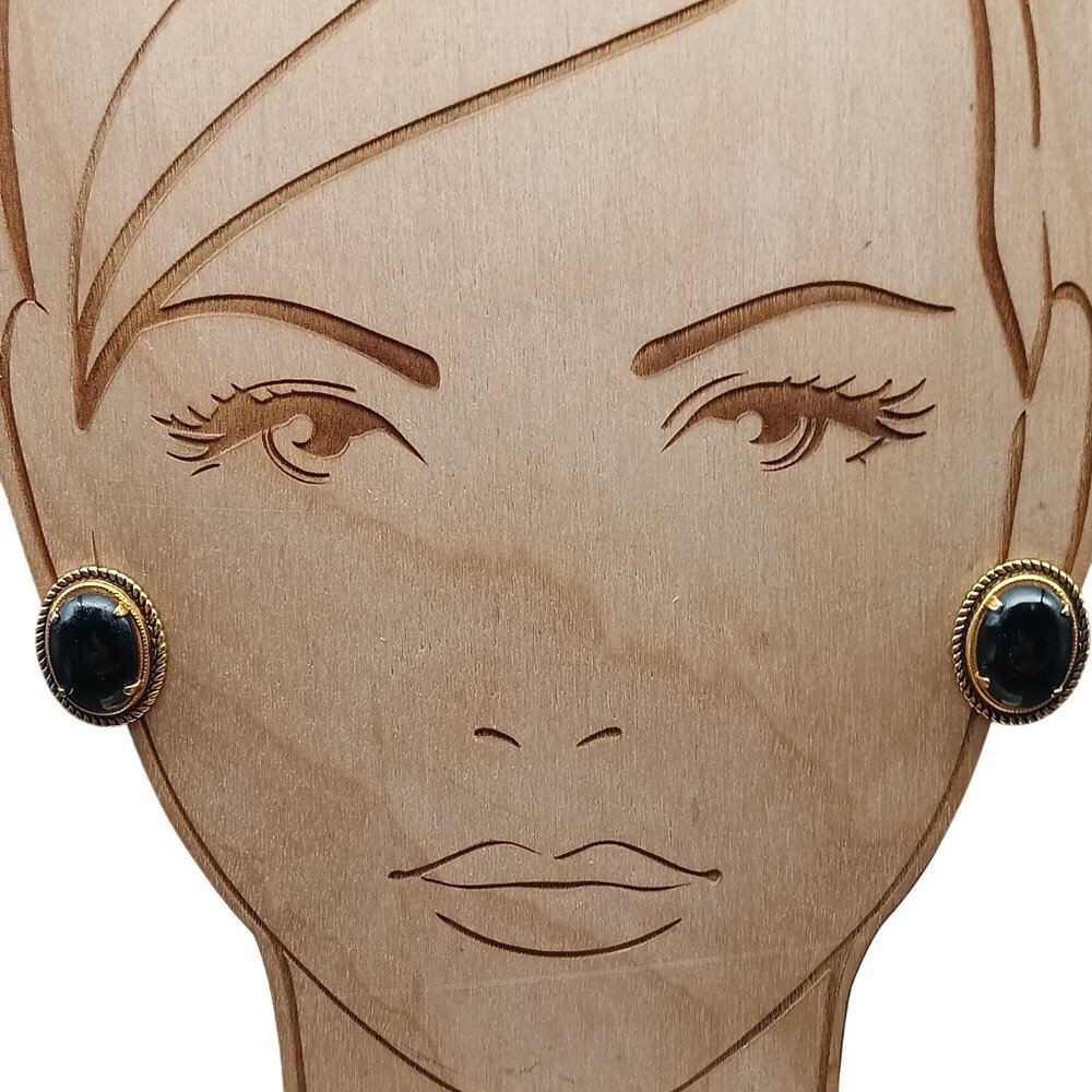 Vintage Gold-Tone Screw Back Earrings with Black Art Glass Cabochons